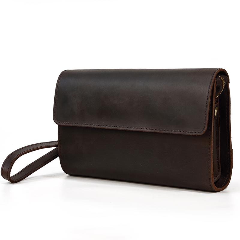 Genuine Leather Clutch Bag Of Men Male Long Hand Bag Crazy Horse Leather Day Clutches For 6" Cell Phone With Wrist Belt