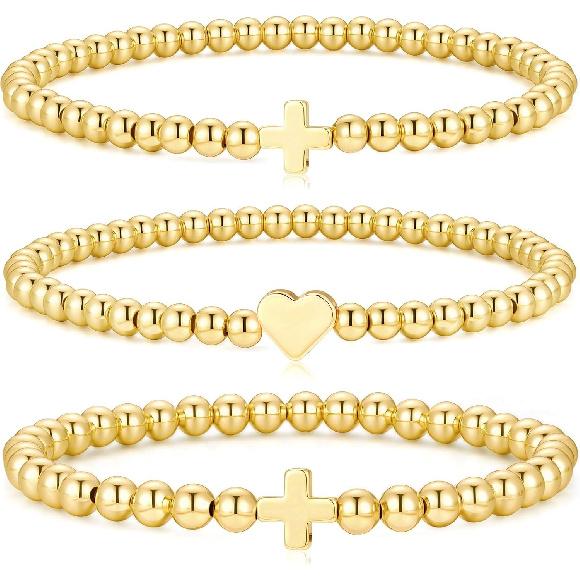 M MOOHAM Gold Beaded Bracelet Set for Women, Pearl Cross Stackable Jewelry | 14K Gold Plated Beaded Bracelets Set, Adjustable Stretch, Non Tarnish