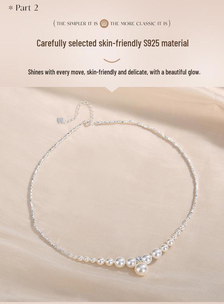 Luxurious S925 Sterling Silver Clavicle Necklace with Crushed Silver and French-Style Round Imitation Pearls.