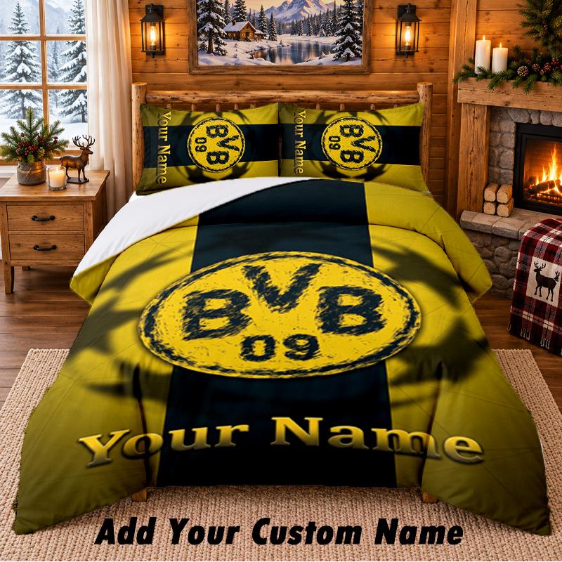 Borussia Dortmund Pattern Bedding 3Pcs Set Custom Name, Bed Sheet And Pillowcases For Home Bedroom