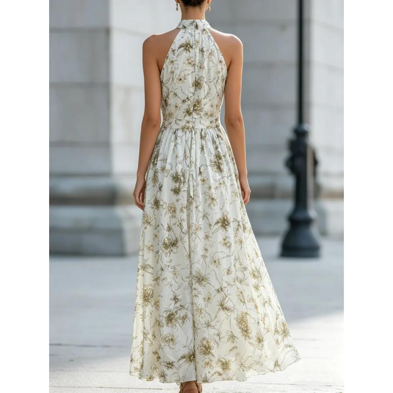 Maxi Abito da Donna con Scollo all'Americana, Stampa Floreale e Pieghe in Chiffon, per Matrimonio in Spiaggia e Festa