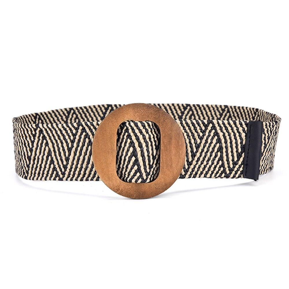 Women's Belt Elastic Woven Wide Belt PP Grass Waist Seal Wood Round Buckle Belt Fashion Ethnic Style Paired with Coat Skirt Belt