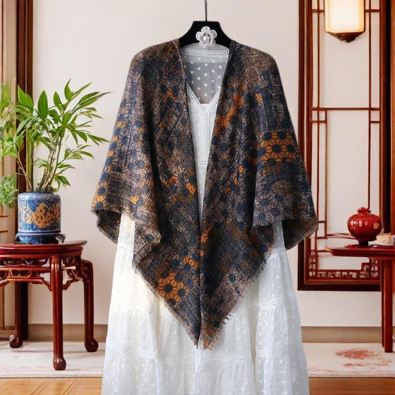 oversized beige flower travel sunscreen sunshade cotton and linen scarf women's silk scarf 111cm large square scarf shawl dual-purpose