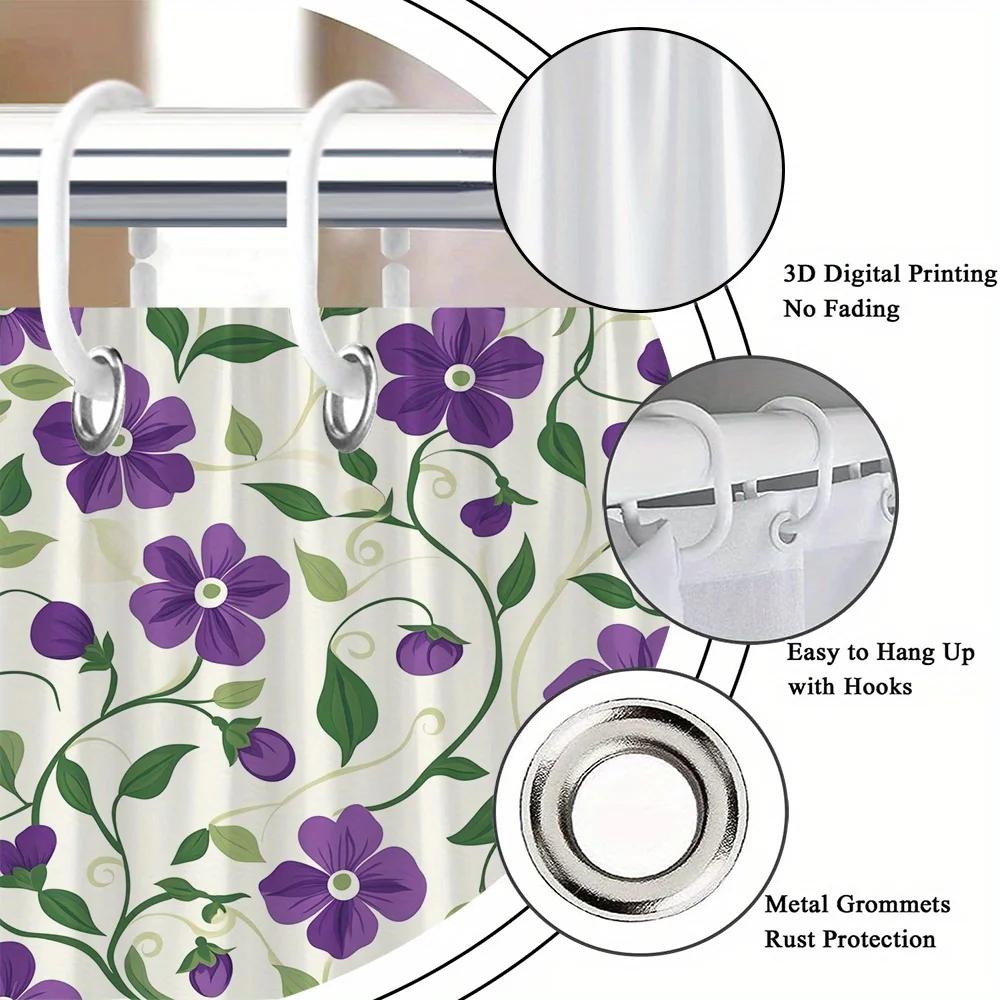 Floral Shower Curtain - Purple Flowers on Cream, 12 Hooks, Durable Polyester, Machine Washable, Elegant Bath Decor