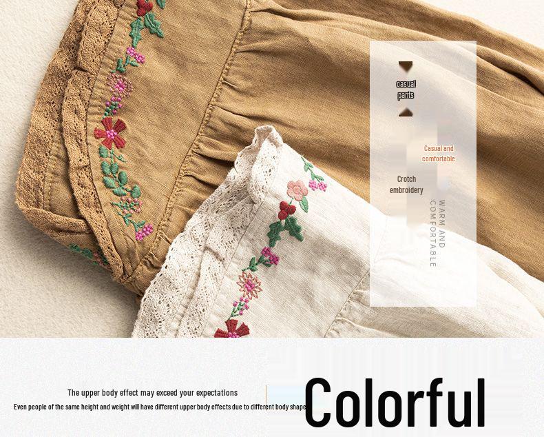 Women's Ethnic Embroidered Lace Trim Cotton Linen Harem Pants - Early Spring Loose Fit, Elastic Waist