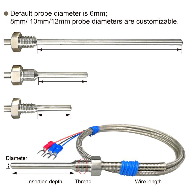 Stainless Steel Threaded Pt100 Temperature Sensor Probe Waterproof High‑Temp RTD (-50°C- 420°C) Industrial Armor Cable 3‑Wire