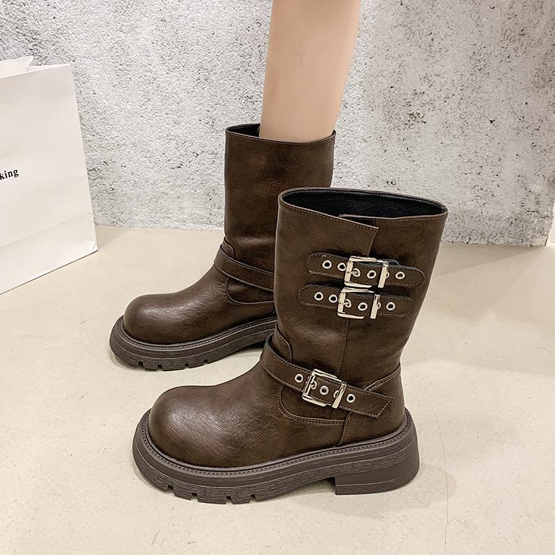 Stiefel mit dickem Absatz für Damen 2025 neu Herbst Britischer Stil kleine kurze Stiefel mit Rock vielseitige Mode-Stiefel