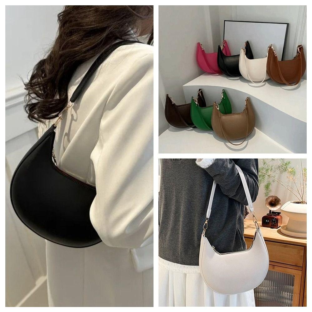 Moon-shaped Moon Underarm Bag Solid Color Women's Hobo Bag Portable Pu Leather Shoulder Bag Girl
