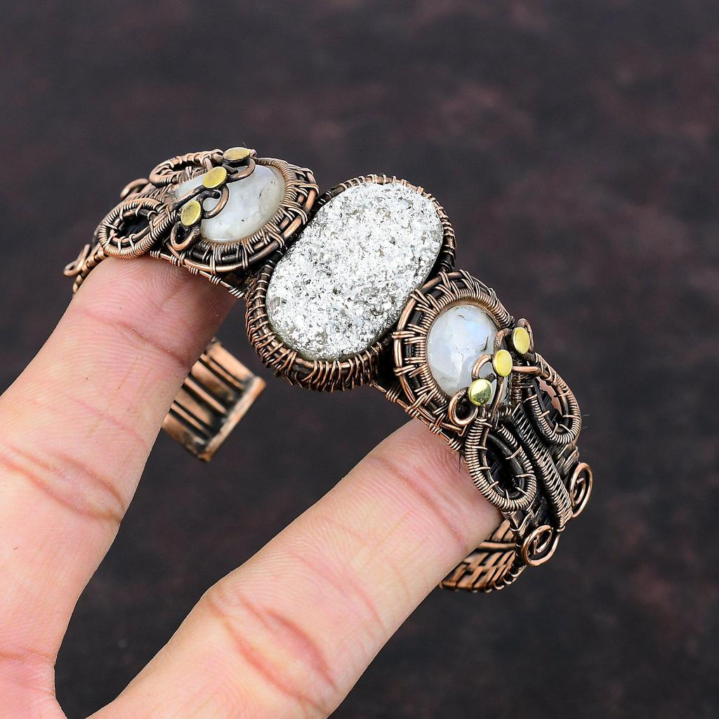 Silver Druzy Bangle Gemstone Cuff Bracelet Copper Wire Wrapped Rainbow Moonstone Bangle Adjustable Cuff Bracelet Handmade Jewelry For Gift