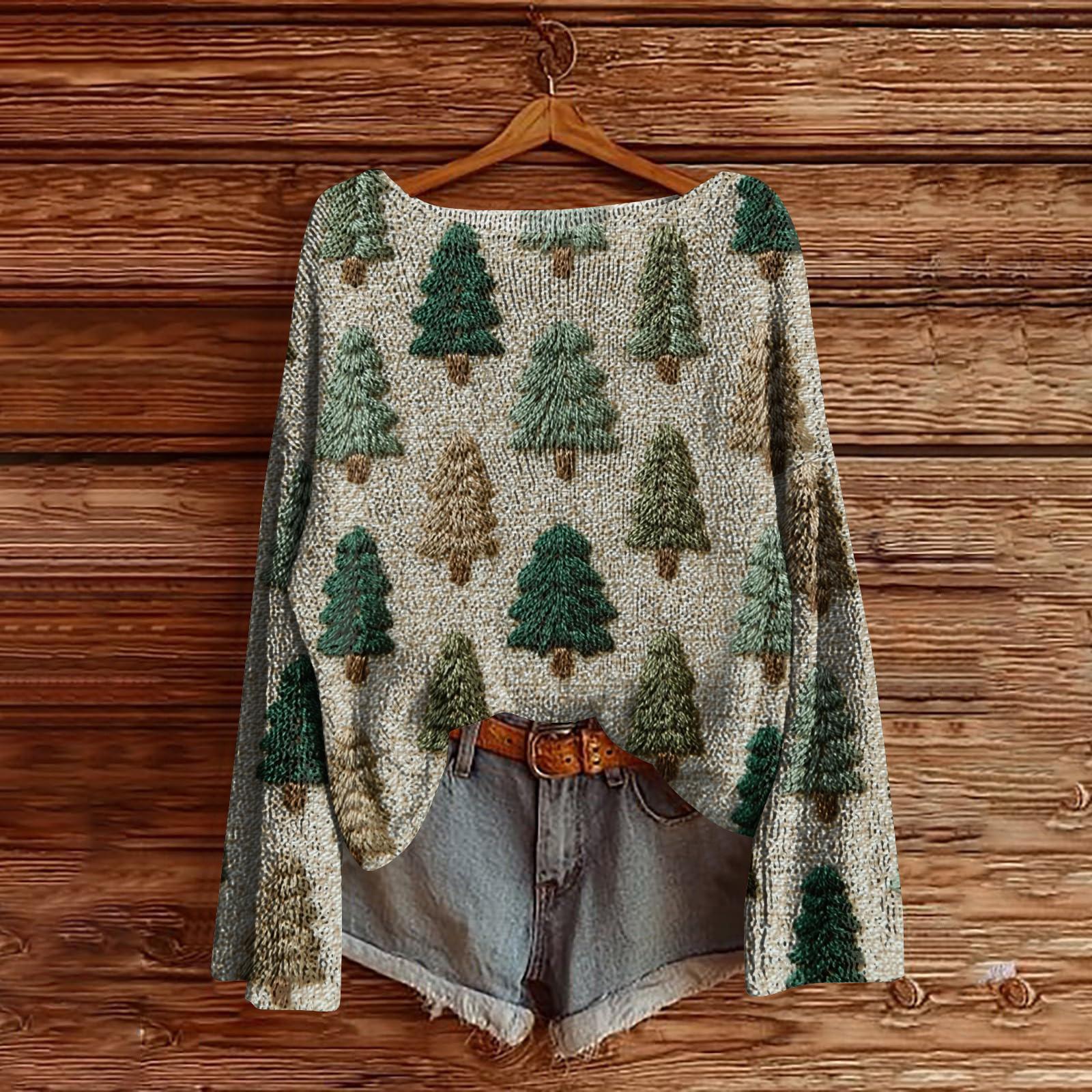 

Женский легкий свитер с рождественским принтом, повседневный вязаный пуловер с длинным рукавом M зелёный