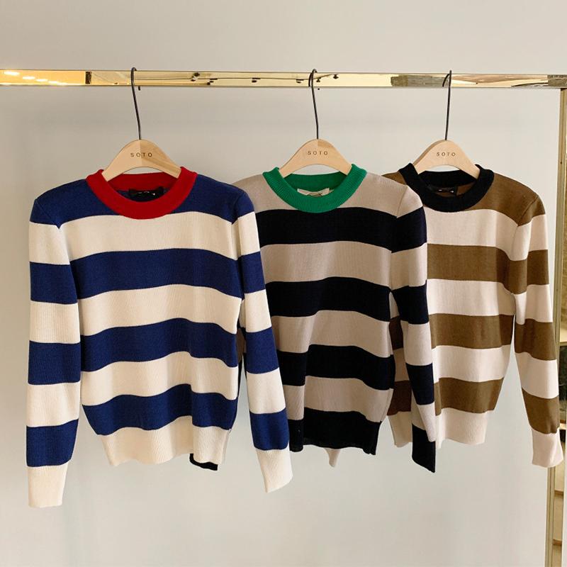 2021 Spring Korean Knitted Striped Pullover Sweater Women Long Sleeve O-Neck Vintage Fashion Casual Female Tops Sweaters