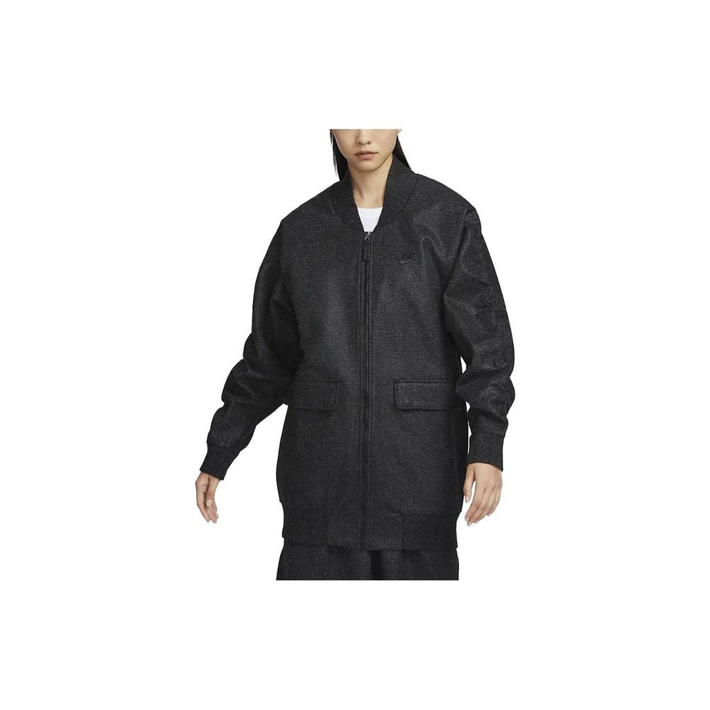 Nike Solid Color Zip Baseball Collar Casual Mid-Length Loose Jacket Women jackets Black FD5491-060