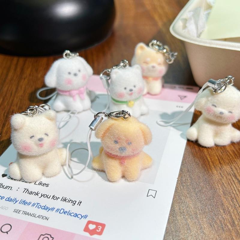 Cute Cartoon Dog Lovely Animal Keychain Backpack Pendant Ornament Couple Gifts Phone Lanyard Flocking Puppy Phone Chain Keyring
