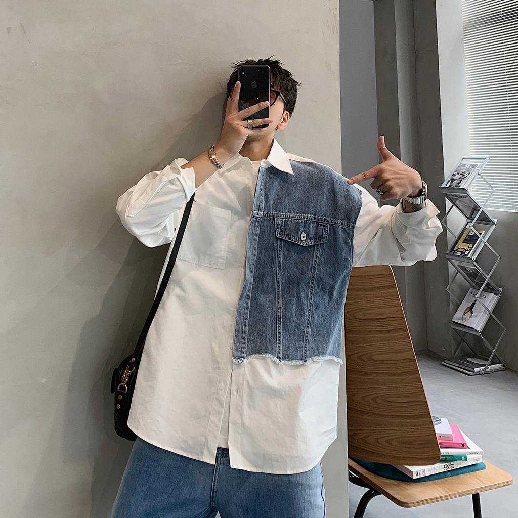 Herren Frühling und Herbst Locker Persönlichkeit Langarmhemd Design Farbkollision Spleißen Jeanshemd