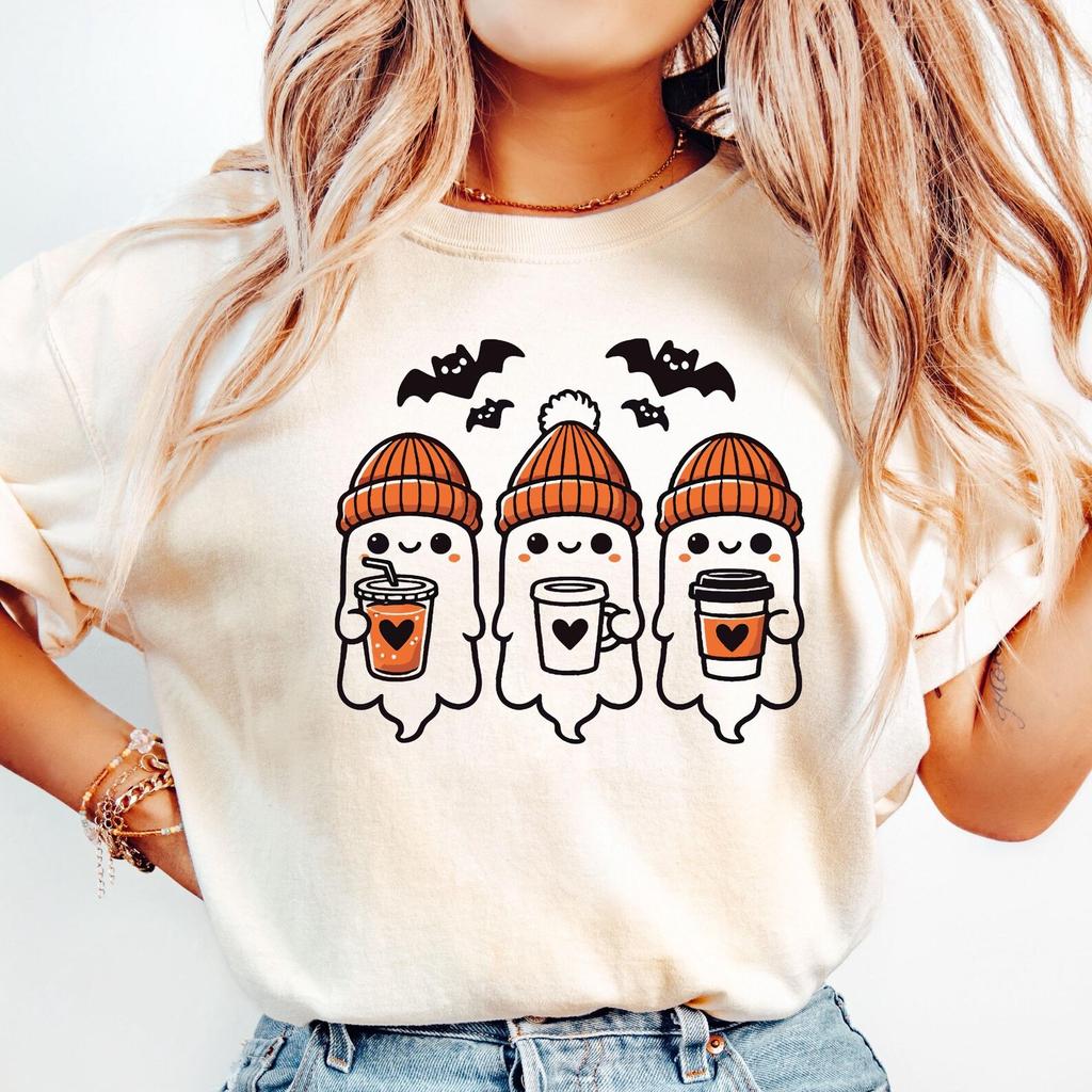 Comfort Colors® Cute Coffee Drink Ghost Shirt, Coffee Lover Ghost Shirt, Halloween Ghost Shirt, Pumpkin Coffee Shirt, Coffee Lover Gift