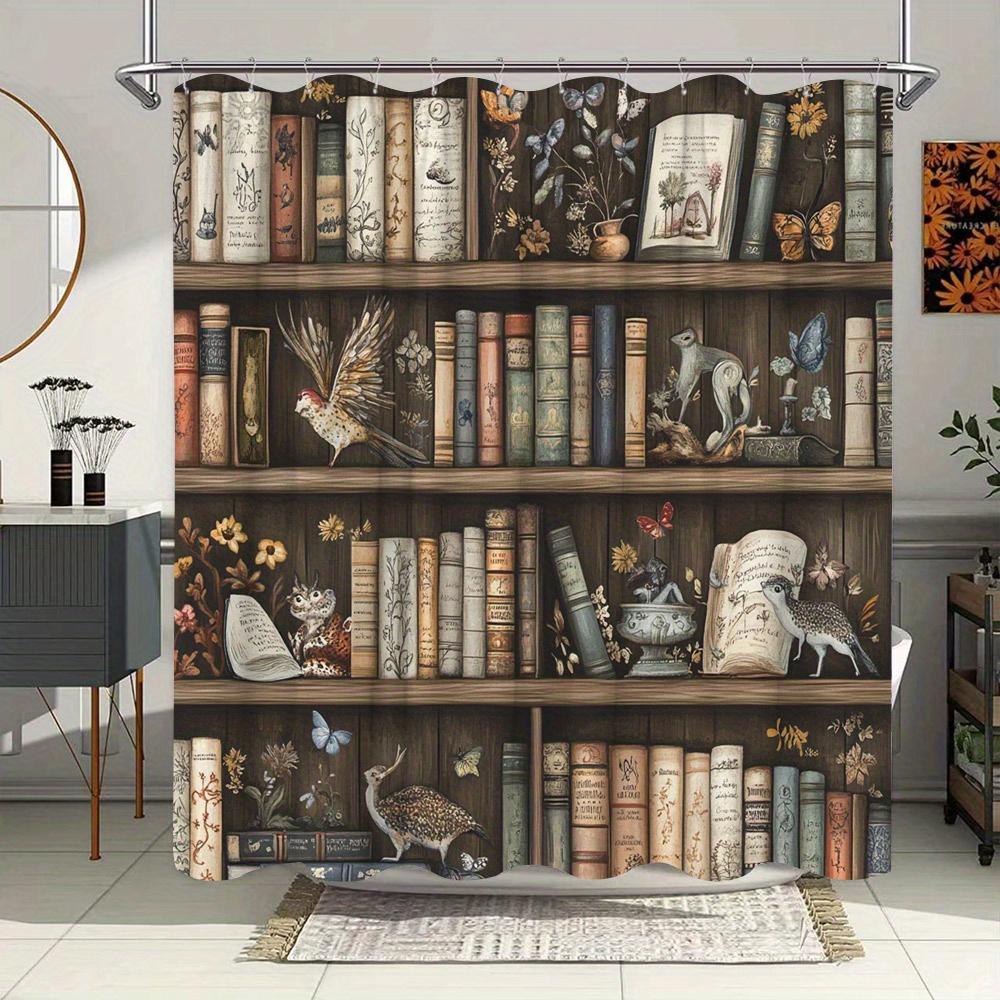 

Rustic Wooden Bookshelf Shower Curtain, Fantasy Digital Illustration, Earthy Tones, 12 Hooks W90xH180cm