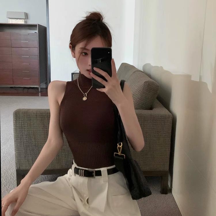 Summer Slim Spaghetti Strap Hollow Out Top Women's High Neck Knitted Vest