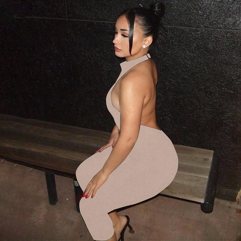 Women European Style Sexy Solid Color Sleeveless Halter Backless High Waist Slim Cropped Jumpsuit