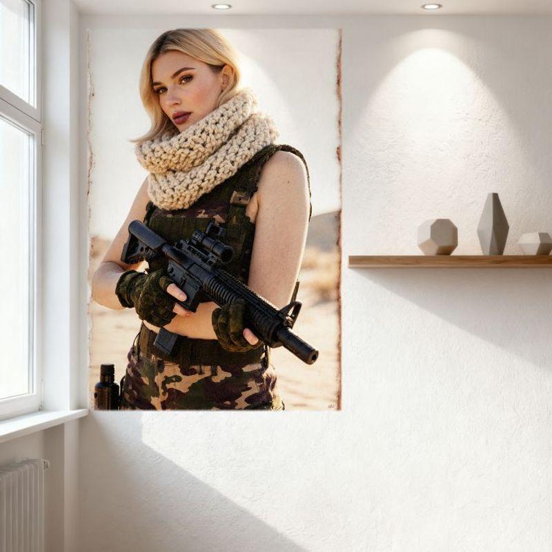 Sexy Blonde Woman In Camo Tactical Outfit with Assault Rifle Desert Landscape Metal Tin Sign for Wall Decor, Home Bar Pub Vintag