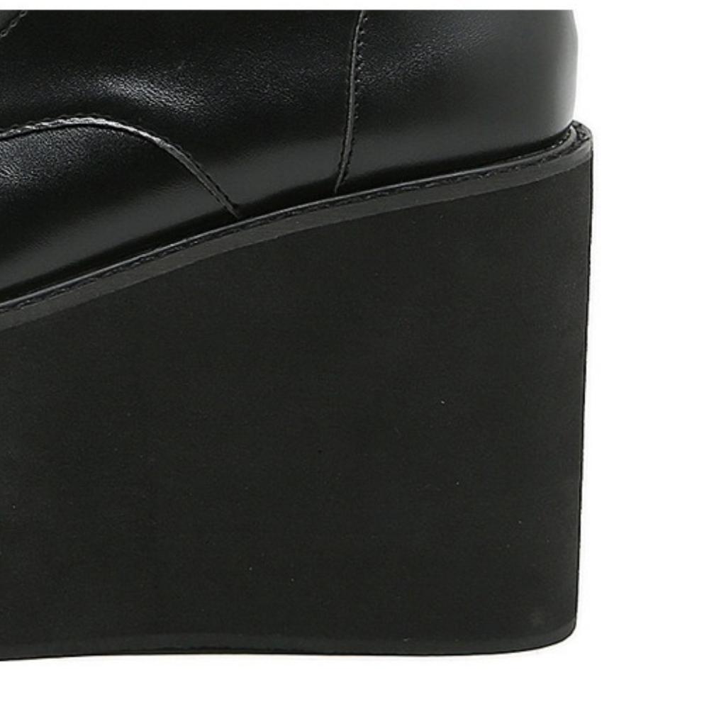 Women Lace Up Martin Boots Metal Leather Splice Chunky Heel Platform Side Zipper High Heel Ankle Boots
