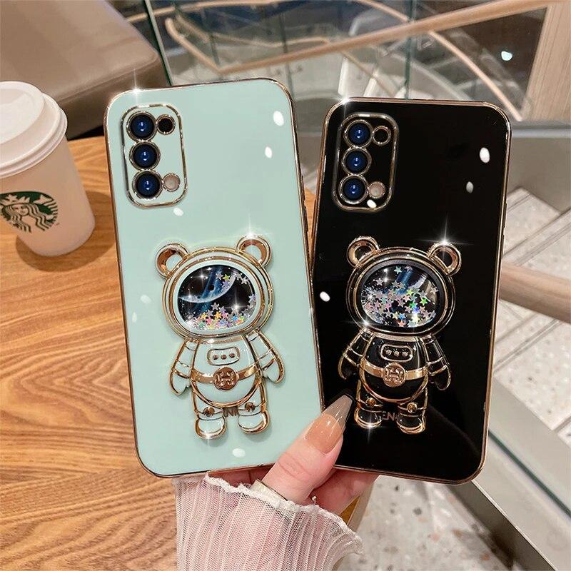 Astronaut Plating Case for OPPO A76 Reno 7 A74 5G A53 A73 A17 A57 A16 A77 A93 5G A78 A95 A77S A72 Quicksand Liquid Stand Shockproof Cover