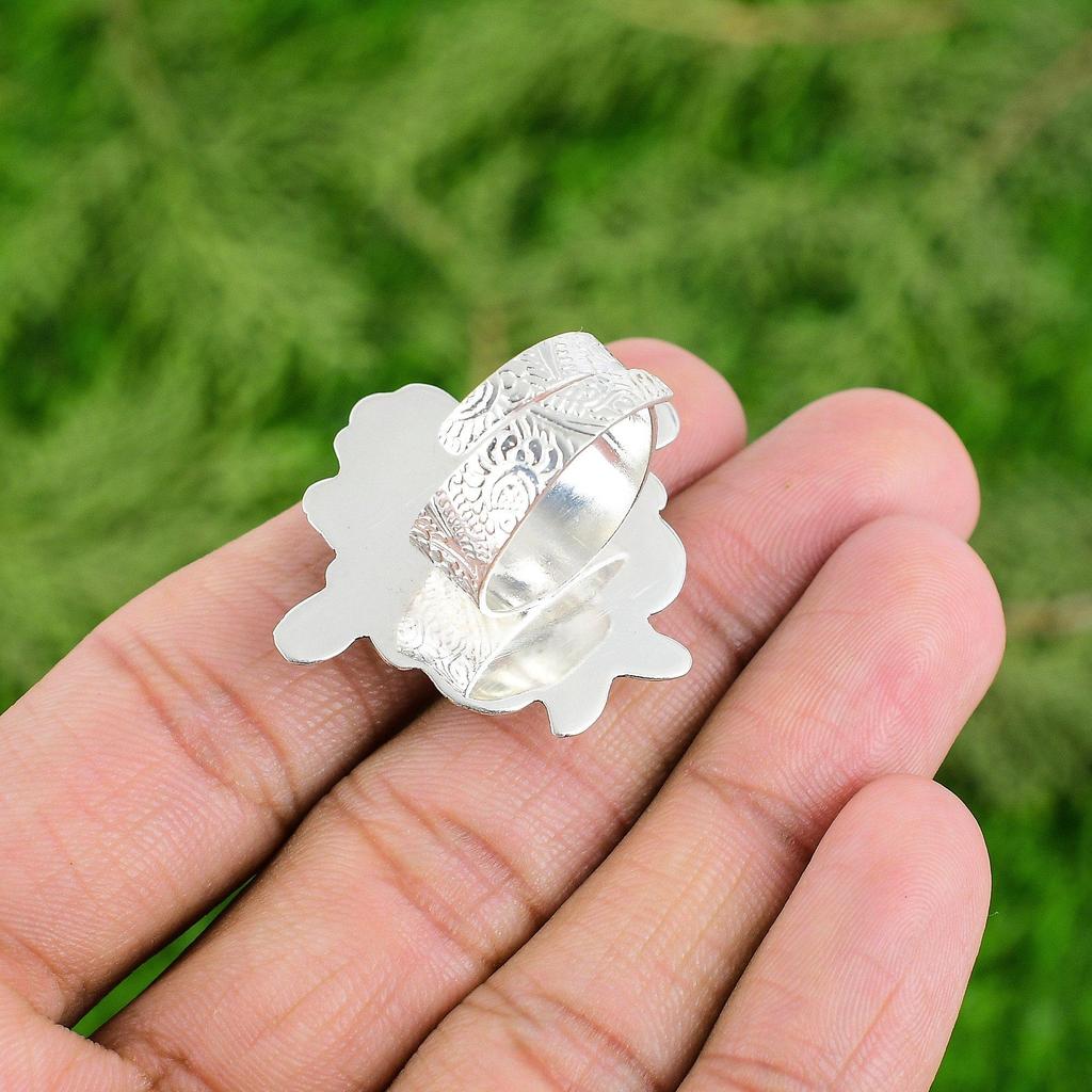 925 Sterling Silver Rainbow Moonstone Gemstone New Solitaire Flower Ring Jewelry