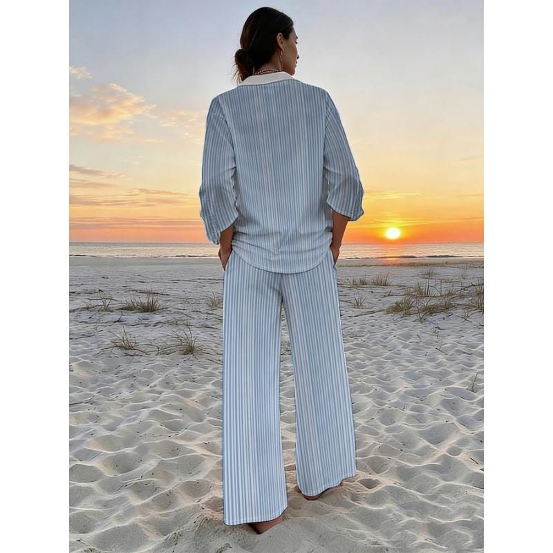 Fresh holiday style long-sleeved trousers suit women's blue and white striped shirt wide-leg pants two-piece set