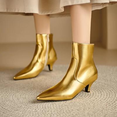 Fashion Gold Silver Zipper Pointed Women Short Boots Fashion New European American Winter Warm 5.5cm High Heels Ankle Boots Size 32-48