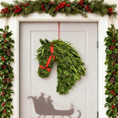 Feiertags-Pferdedekoration Rustikaler Pferdekopf-Kranz mit Schleife Handgewebter Künstlicher Zweig Reiterliche Türdeko Weihnachten Vorne