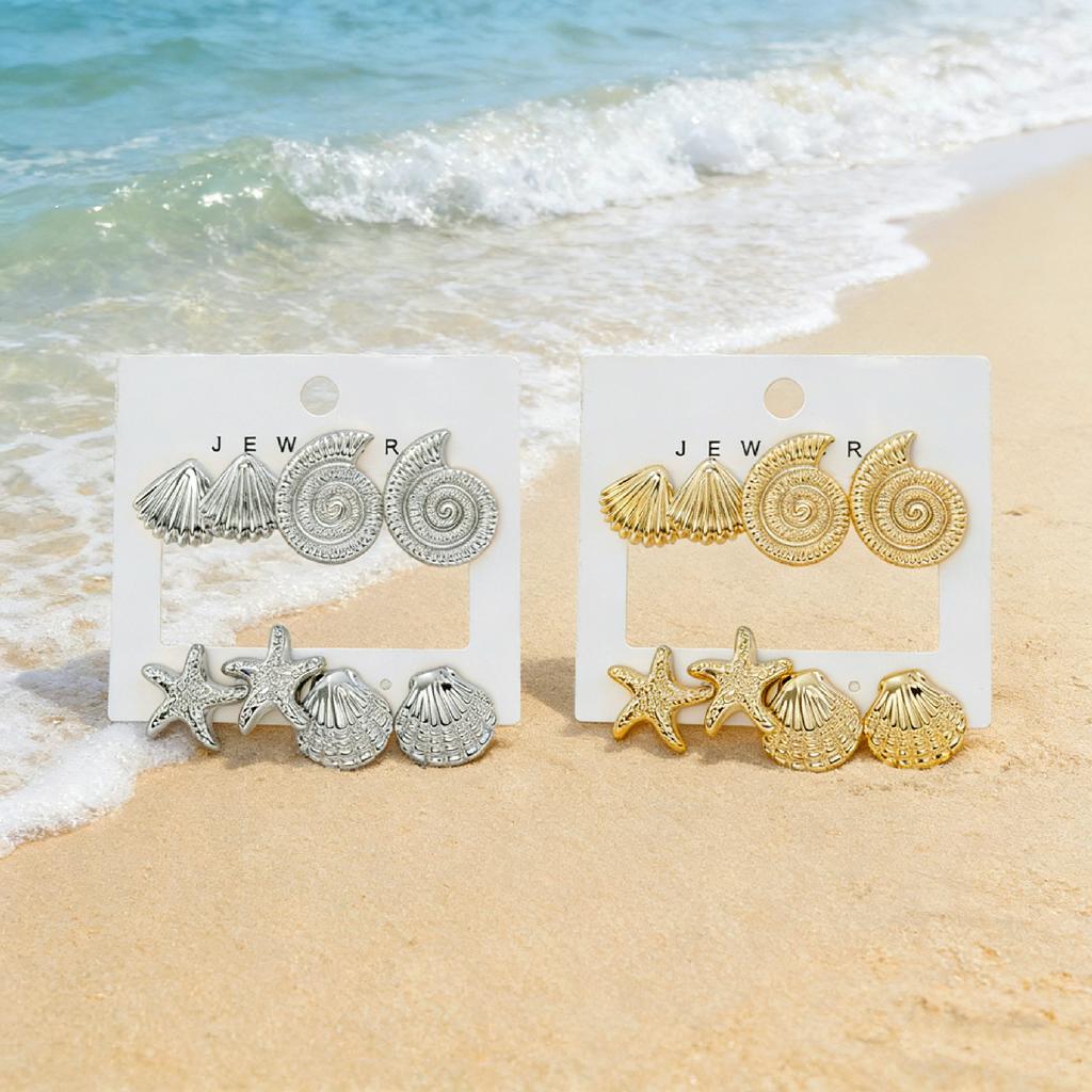 4 Pairs of Ladies' Golden Ocean Style Earrings Set, Shell Starfish Conch Vacation Earrings