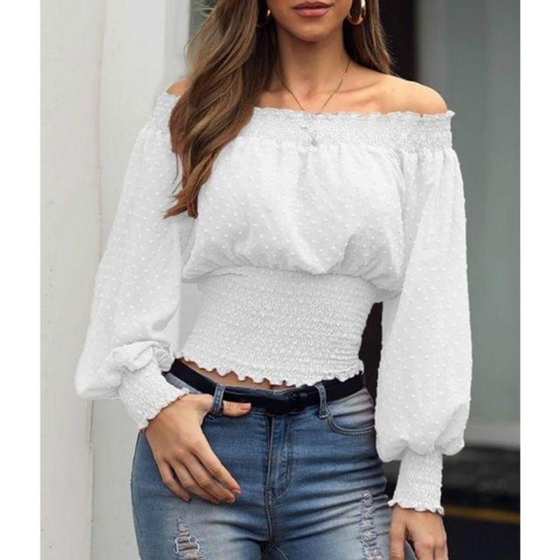 

New Solid Color Ruffled Waist Top Summer Pure Color Ruffles Waist-Tight off-Shoulder Tops white 5XL