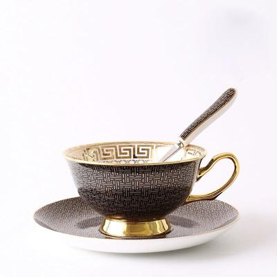 1 Set Tasse und Untertasse aus Knochenporzellan, weiß/schwarz, Gitter, Kaffeetasse, Goldrand, Intarsien, Geschirr, Geschenk