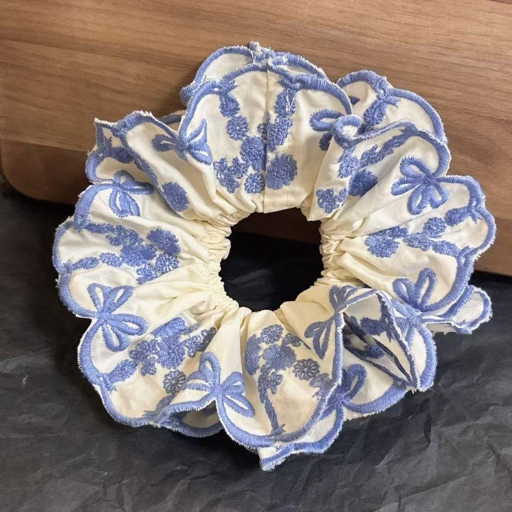 Bow Elastic Hair Bands Blue Embroidery Large Hair Scrunchies Sweet Exaggerated Hair Rope Ladies
