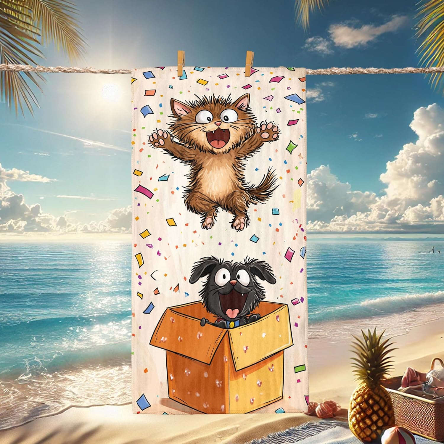 

Cute Cartoon Cats Dogs Beach Towel, Colorful Fun Animal Design Oversized Quick Dry, Sand Free Lightweight Travel Pool Mat W30*H60(CM)