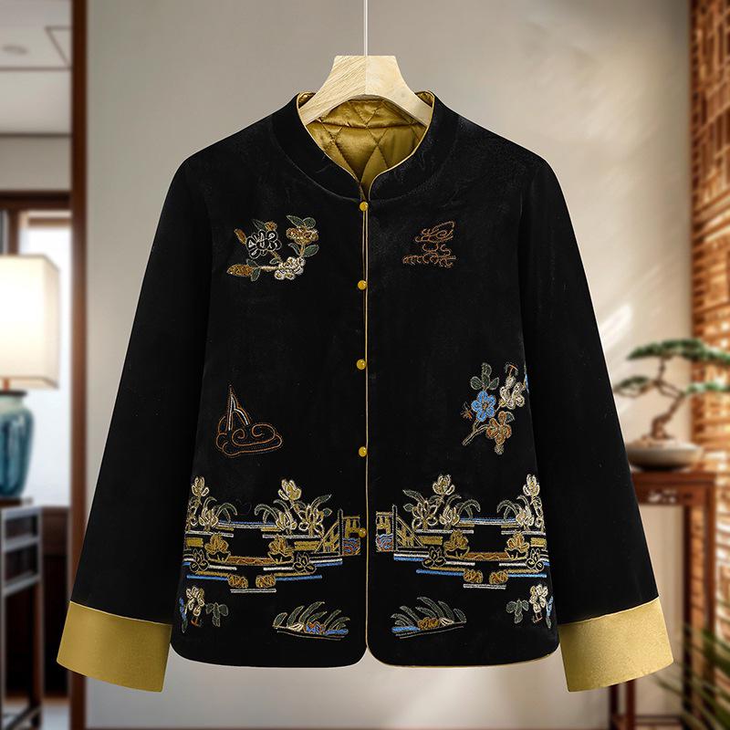 2025 Retro Chinese Style Silk Velvet Embroidered Jacket - Autumn/Winter Thickened Cotton Coat