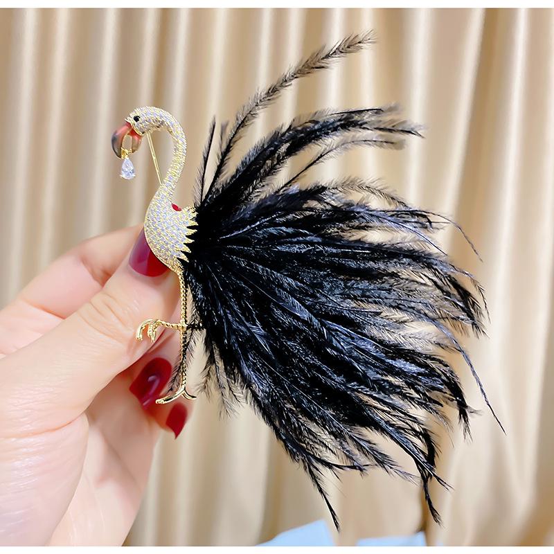 Zircon Flamingo Brooch with Feather Design - Creative Korean Fashion Accessories for Women