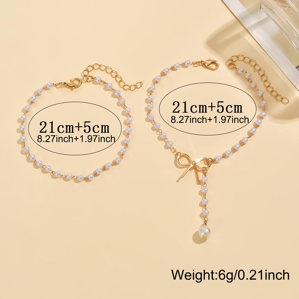 2Pcs Layered Bow Pearl Anklets for Women Gold Dainty Tassel Hypoallergenic Summer Beach Vacation Jewelry Gift