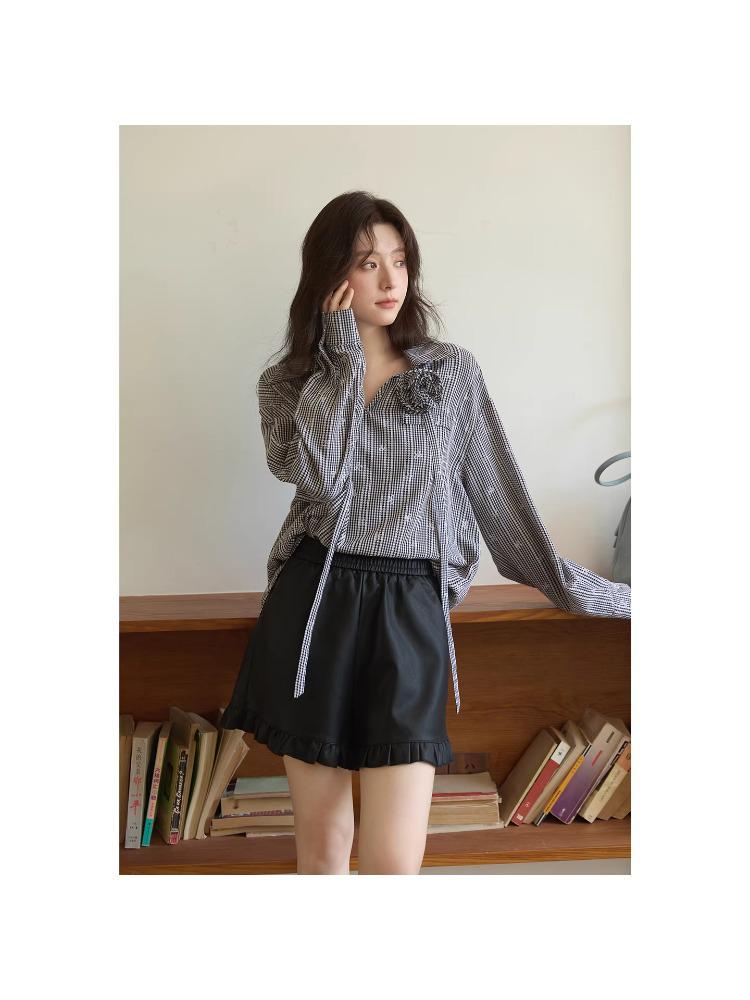 2025 High Waist PU Leather A-line Shorts with Lace Patchwork for Women