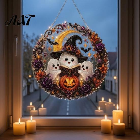 Fun Diamond Painting Activity Sets Halloween Ghost/Owl Art Hanging Ornament Kit, Seasonal Home Decor Suncatcher, DIY Pendant Window Decorative