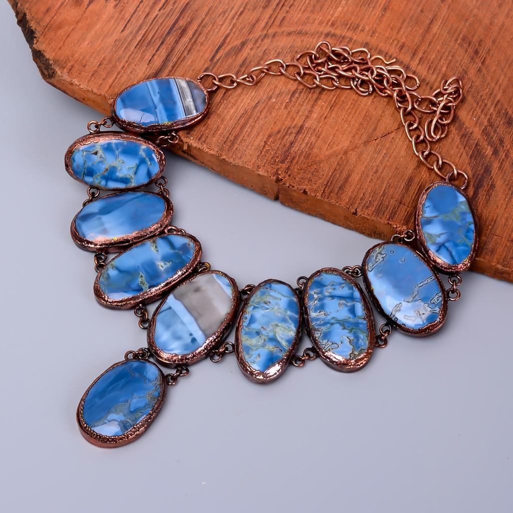 Natural Owyhee Blue Opal Copper Mother Gift Electroformed Chain Necklace Jewelry V-83