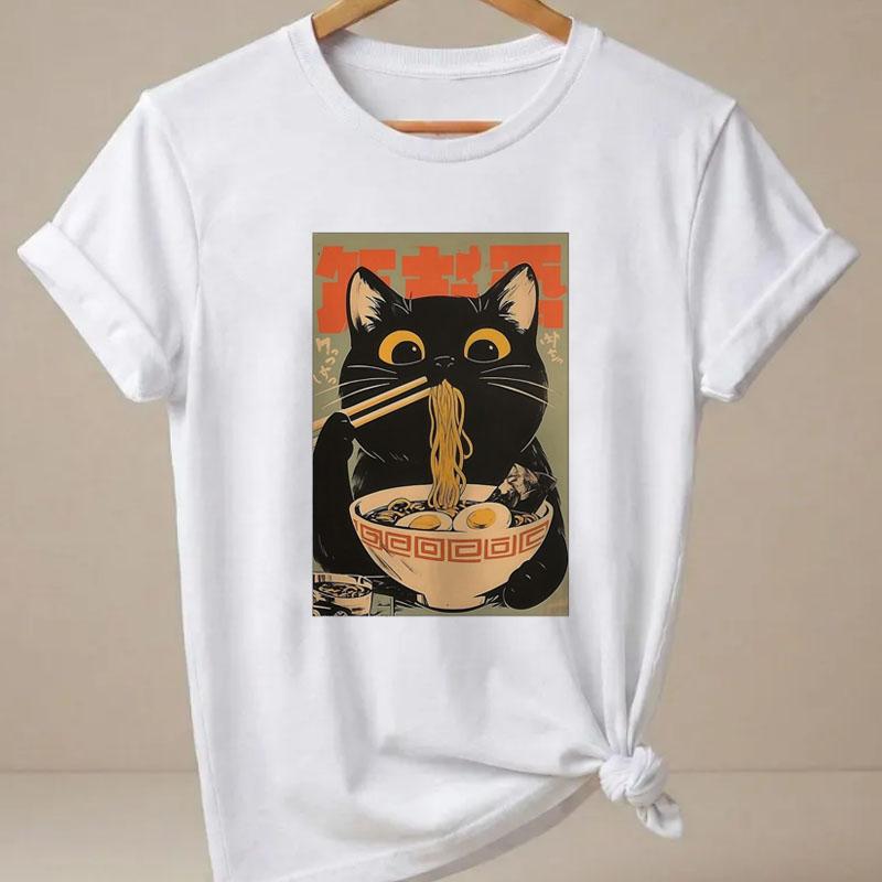 RaUnisex Cat TShirt Unisex Funny Short Sleeve Graphic T Shirts Japanese Cat Printed Kitty Tops Summer Round Neck Cat Lover Tees
