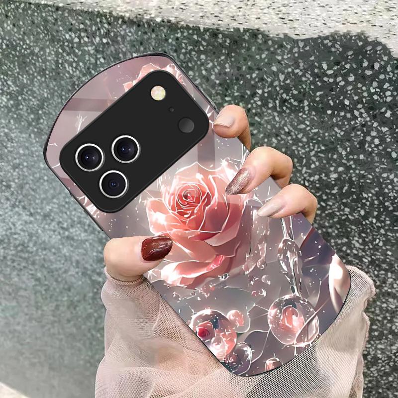 Ice crystal-colored roses For iPhone 17 16 15 14 Pro 13 Plus 12 mini 11 Pro Max XR X S 7 8 Elliptical Tempered Glass Phone Case