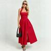 French Retro Neck Lace-up Dress for Women, Halter Back, Waist Pendulum, Split Fork, Red Atmosphere, Holiday Medium and Long Dress