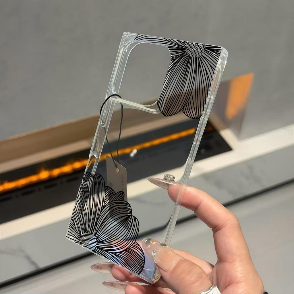 Square Back Tube Protection Clear Case For iPhone 14 Pro Max 11 12 15 Plus 16 ProMax 13 Anti-Oxygen,Black Line Petals Pattern Casing