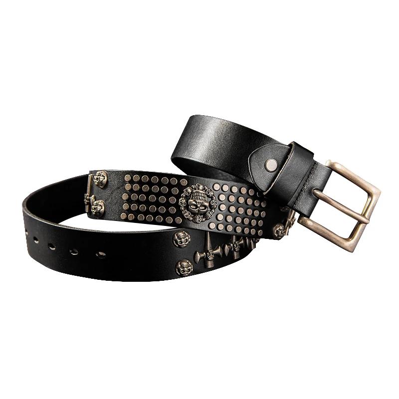 3.8cm Fashion Men Personality Skull-head Rivet Genuine Leather Belts Cool Punk Rock Hip Hop Pin Buckle Cowhide Belt with Holes