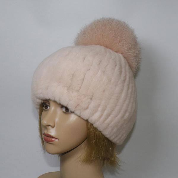 Winter Women Luxuryt Rex Rabbit Fur Hat With Fox Fur Pompoms Natural Warm Fur Hats Girls Knitted Fluffy Real Rex Rabbit Fur Caps