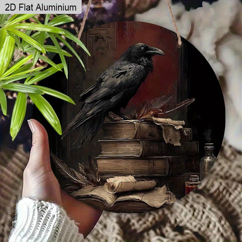 2D Flat Aluminium Retro Halloween Sign with Black Crow Pattern - Halloween Figurine Ornaments - Ideal for Front Door, Wall, Porch, Window Decor