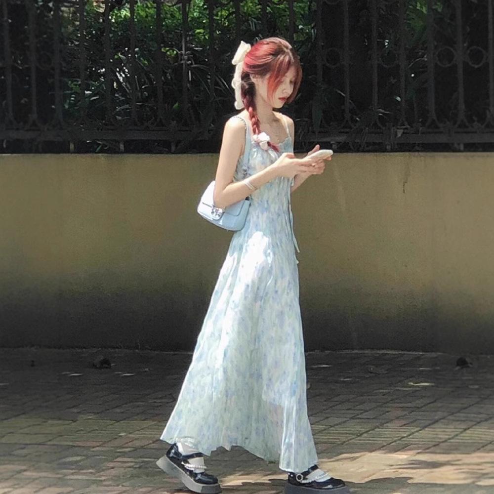 Blue French floral suspender dress women s clothing summer new small seaside vacation dress S синий