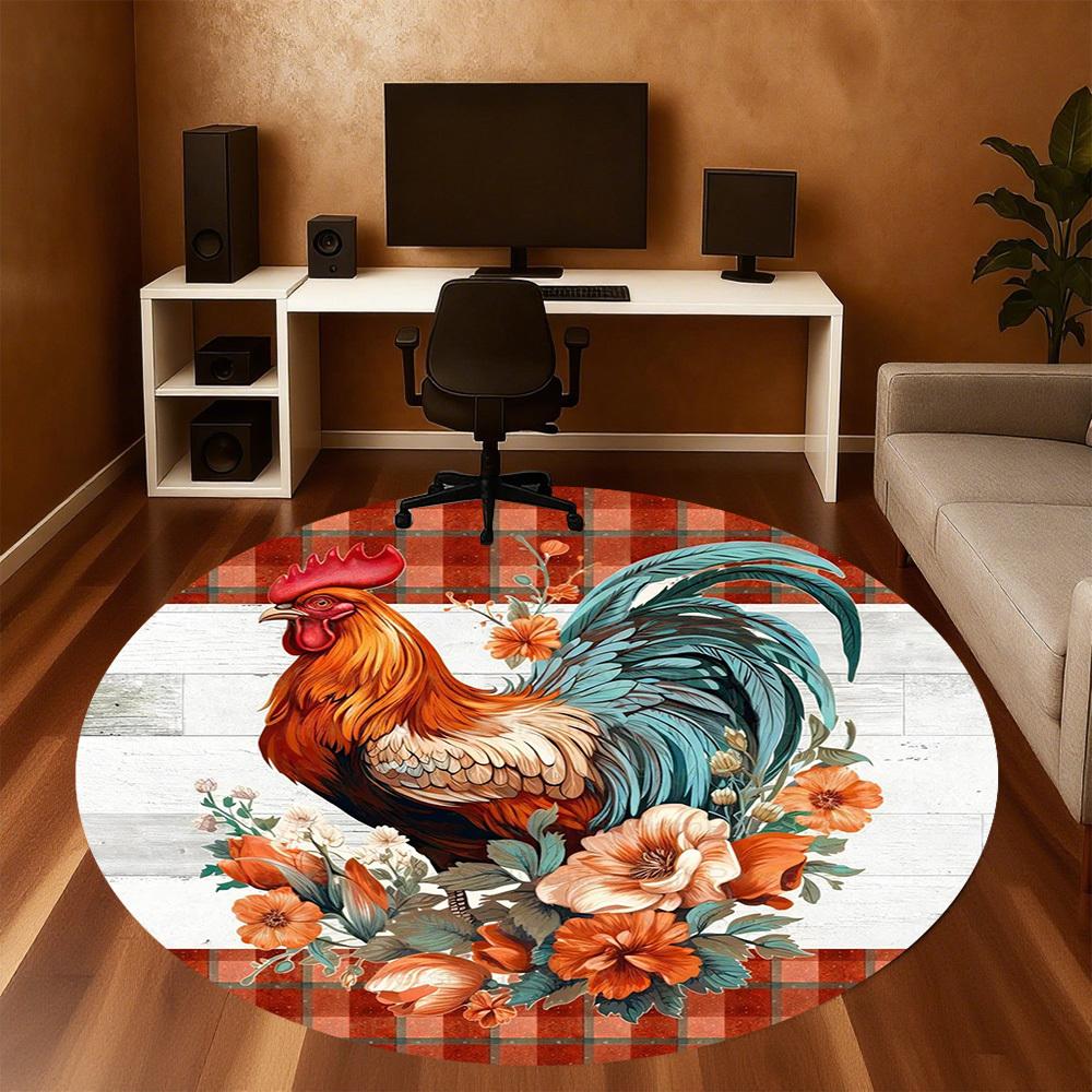 1pc Rooster Flowers Round Chair Mat Office Area Rug - Non-Slip, Floor Mat for Office, Bedroom, Ideal Home Decor Gift C0112049