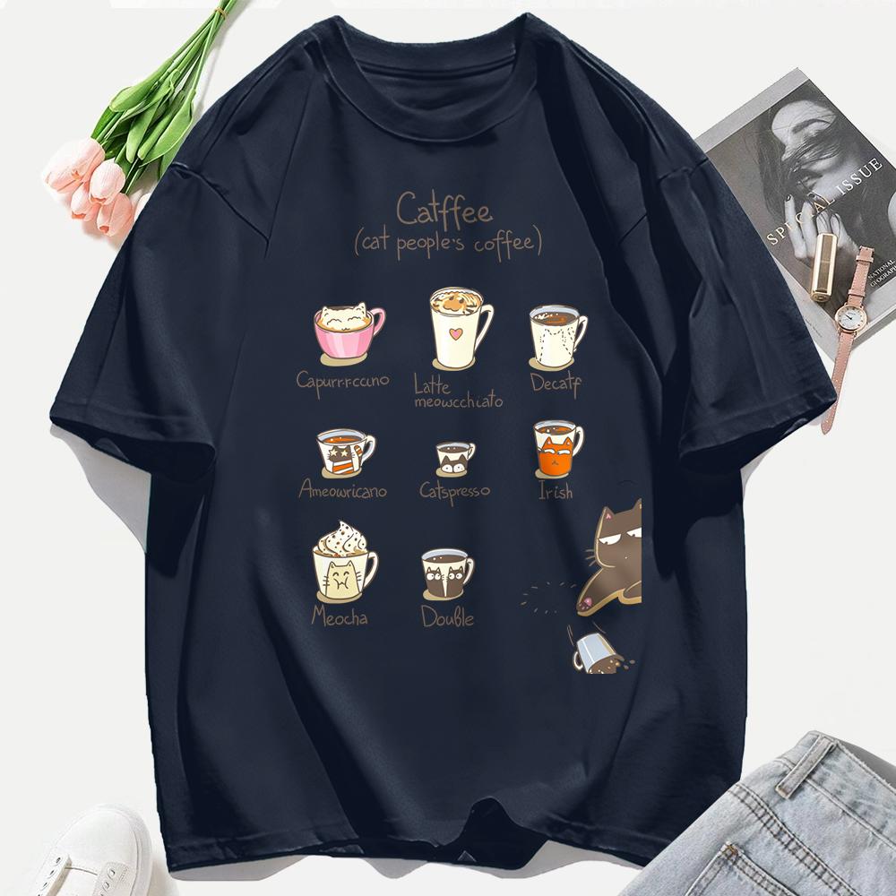 Cat People'S Coffee Illustration Printing T-Shirt Woman Summer Cotton T Shirts Y2K Soft Comfortable Top Unisex Hip Hop Clothes